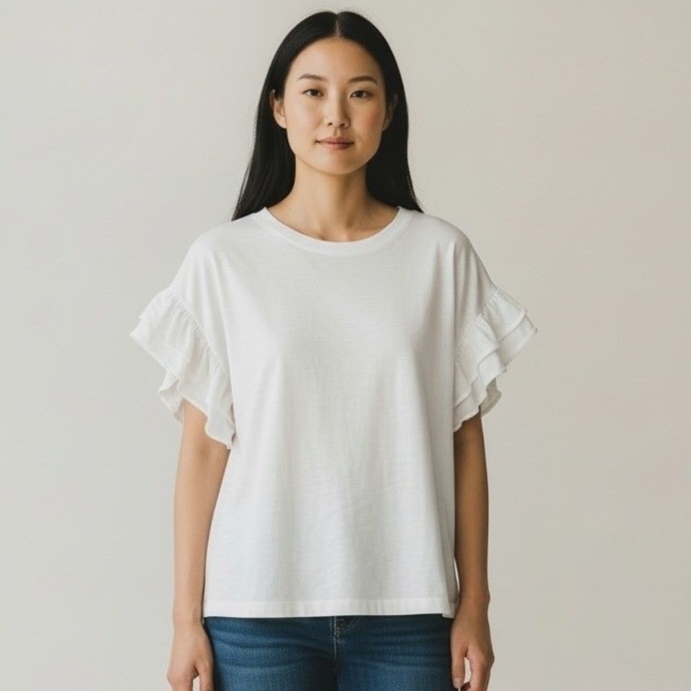 Current/Elliott Ruffle Sleeve Roadie T-Shirt Womens 1 White Cotton Crew Neck‎